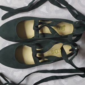 Black suede ankle lace up flats 6.5